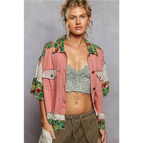 POL Lace Patch Floral Half Sleeve Shacket - Picture 1 of 6